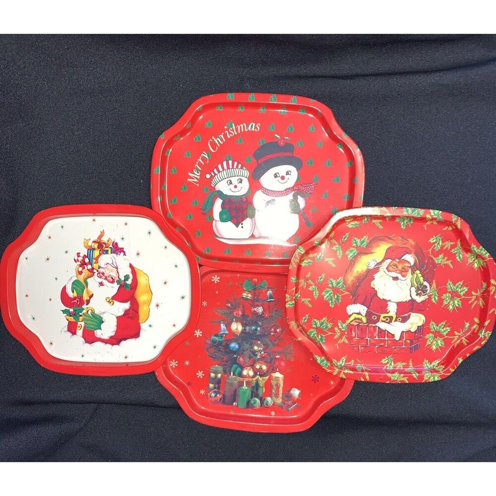 Vintage Christmas Small Metal Tin Trays Snack Serving Santa Snowman Tree Set/4